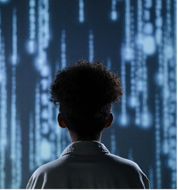 AI Spotlight Image of child standing in front of a stream of numbers
