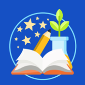 Image of an open book, pencil, and potted sprouting plant