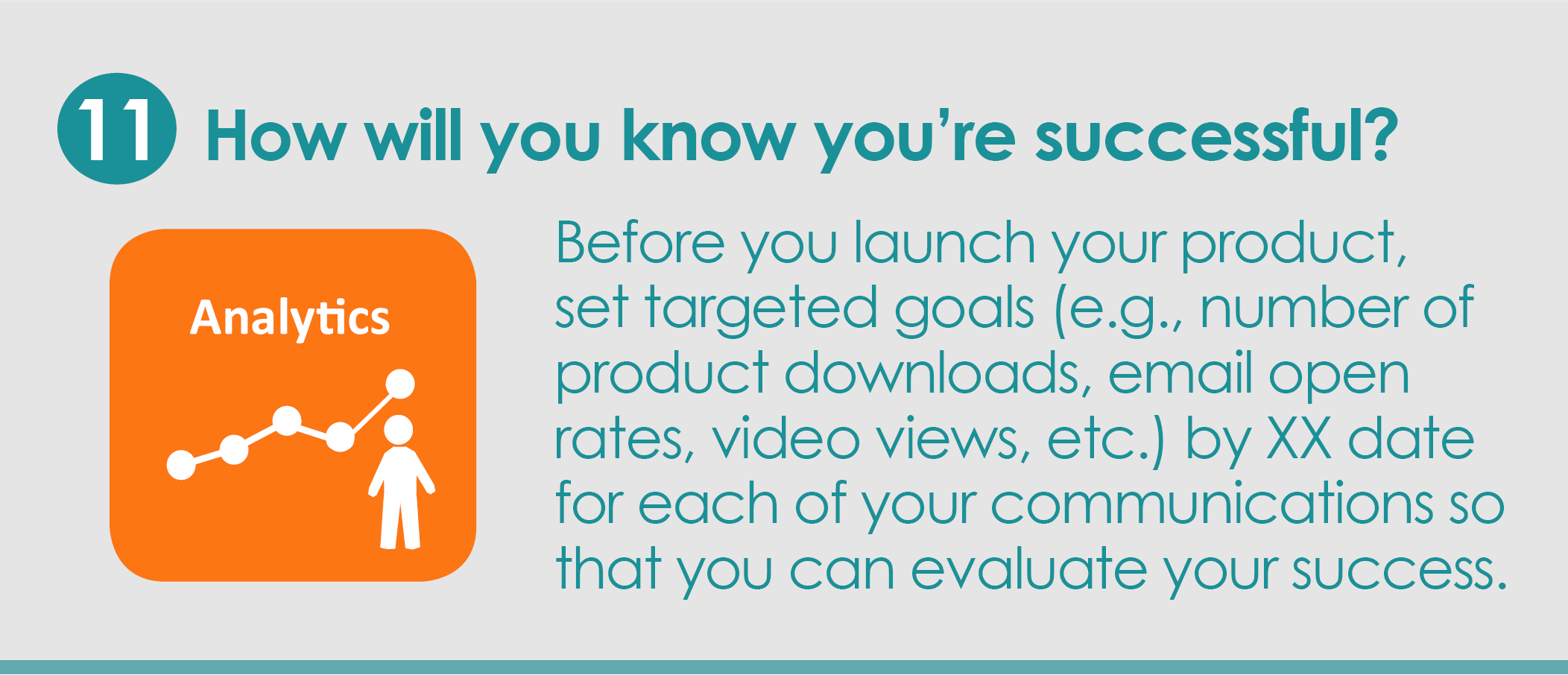 Step 11: How will you know you're successful? Before you launch your product, set targeted goals (e.g., number of product downloads, email open rates, video views, etc.) by XX date for each of your communications so that you can evaluate your success. 