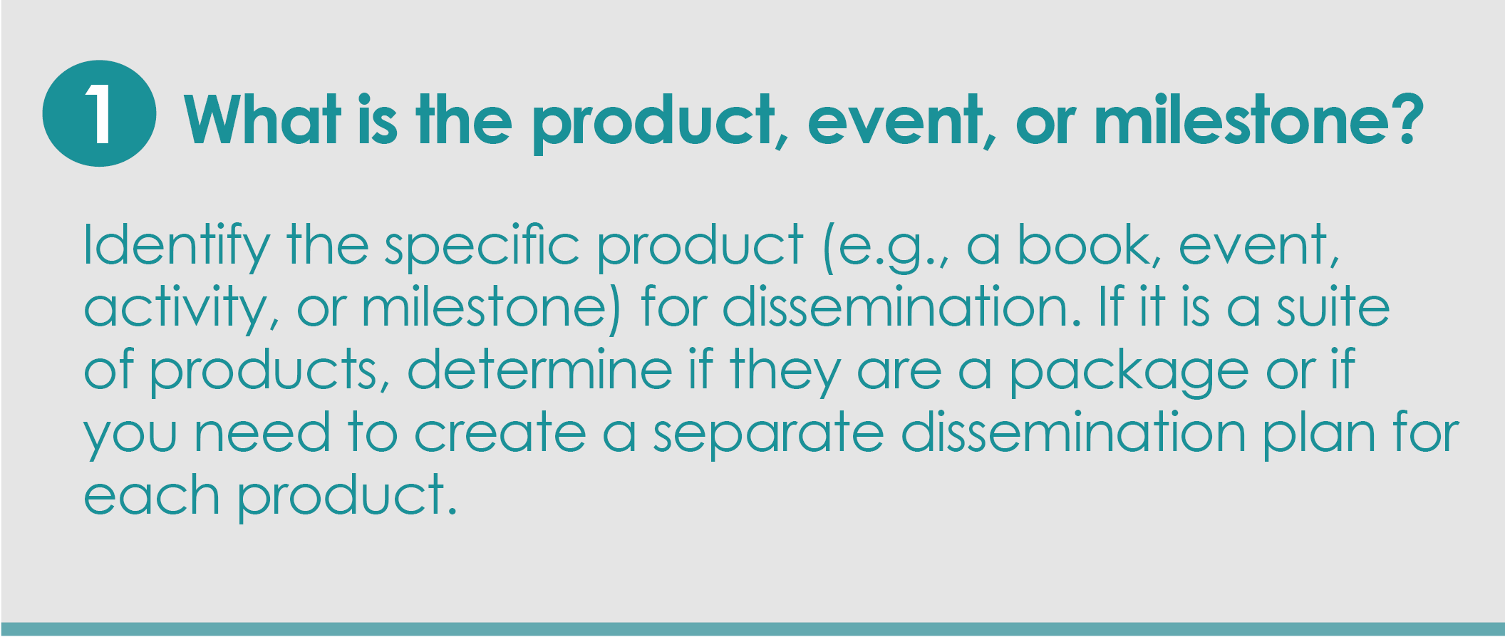 Step 1: What is the product, event, or milestone? Identify the specific product (e.g., a book, event, activity, or milestone) you are focusing on. If it is a suite of products, determine if they are a package or if you need to create a separate dissemination plan for each product.