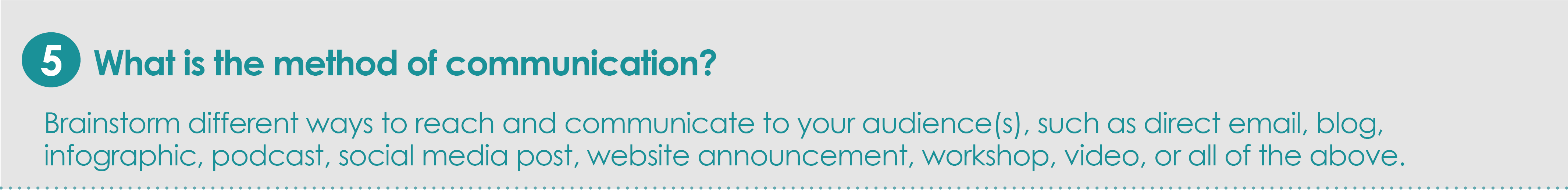 Step 5: What is the method of communication? Brainstorm different ways to reach out to your audience(s), such as by direct email, blog, infographic, podcast, social media post, website announcement, workshop, video, or all of the above.